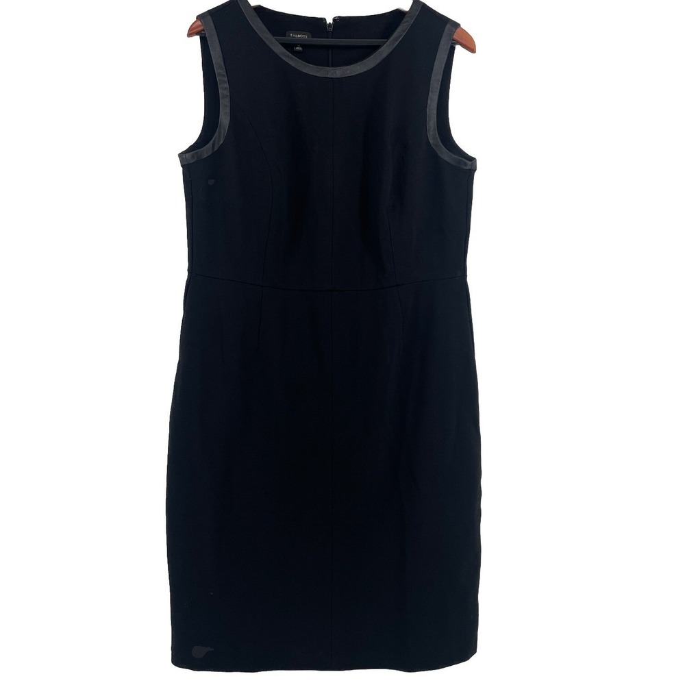 Talbots Dress‎ Womens 14 Black Sheath Faux Leather Trim Stretch Classic LBD